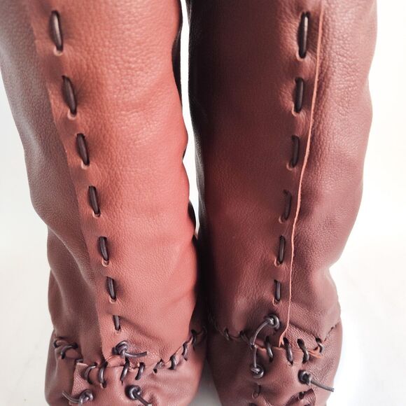 Ramble Leather Dark Brown Elk Deer Handmade Knee High Boots Size 10 Lace-Up Back - Picture 5 of 11